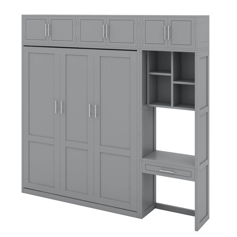 Grand lit escamotable mural avec bureau, armoire supérieure et tablettes de rangement, lit pliant peu encombrant, gris