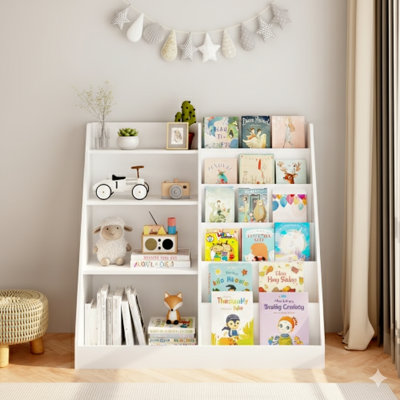 Mise à jour de la bibliothèque pour enfants et du rangement pour jouets, bibliothèque pour enfants polyvalente en bois à 4 niveaux avec présentoir pour chambre d'enfant, aire de jeu ou chambre de bébé, convenant aux enfants, aux enfants et aux tout-petits (finition blanche)