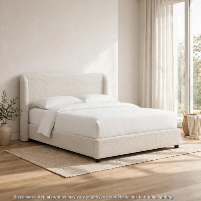 Inya King Size Bed, Shelter Padded Headboard, White Boucle Upholstery
