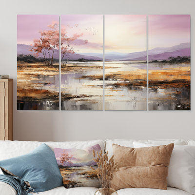 Mauve et or, lac et montagne I - ensemble d'art mural 4 pièces