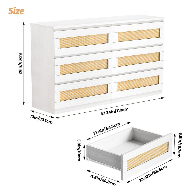 Commode 6 tiroirs, commode en rotin pour chambre à coucher, commode pour chambre à coucher, couloir, salon, Blanc