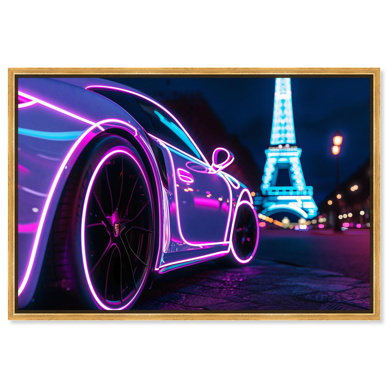«Neon Eiffel Tower View» par Neon , H 25 po x l 37 po, Cadre flottant doré