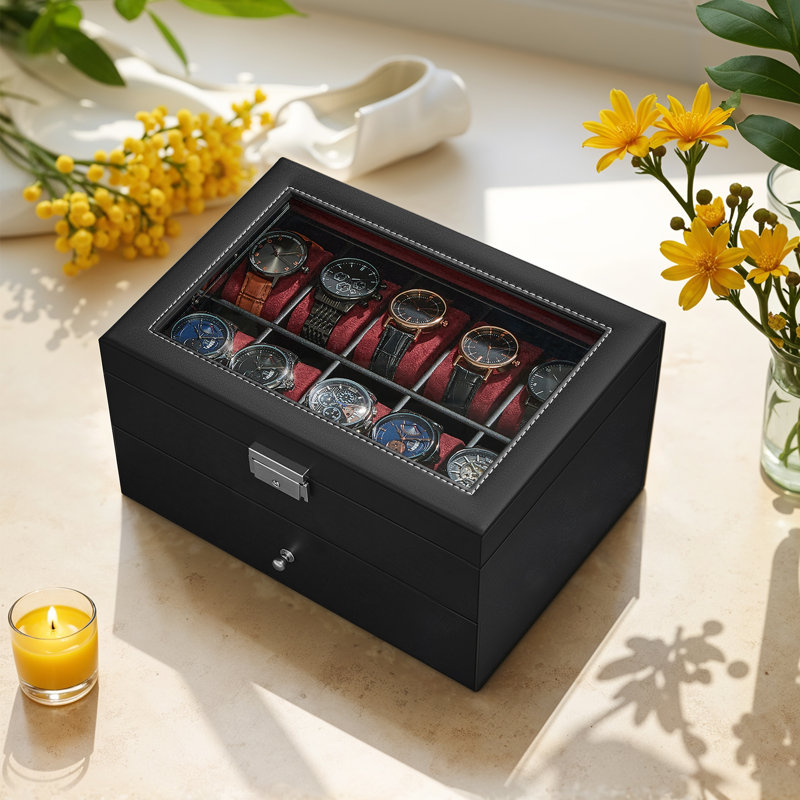 Boîte à montre 20 fentes, boîtier de montre avec couvercle en verre, 2 couches, vitrine verrouillable, idée cadeau, cuir synthétique noir
