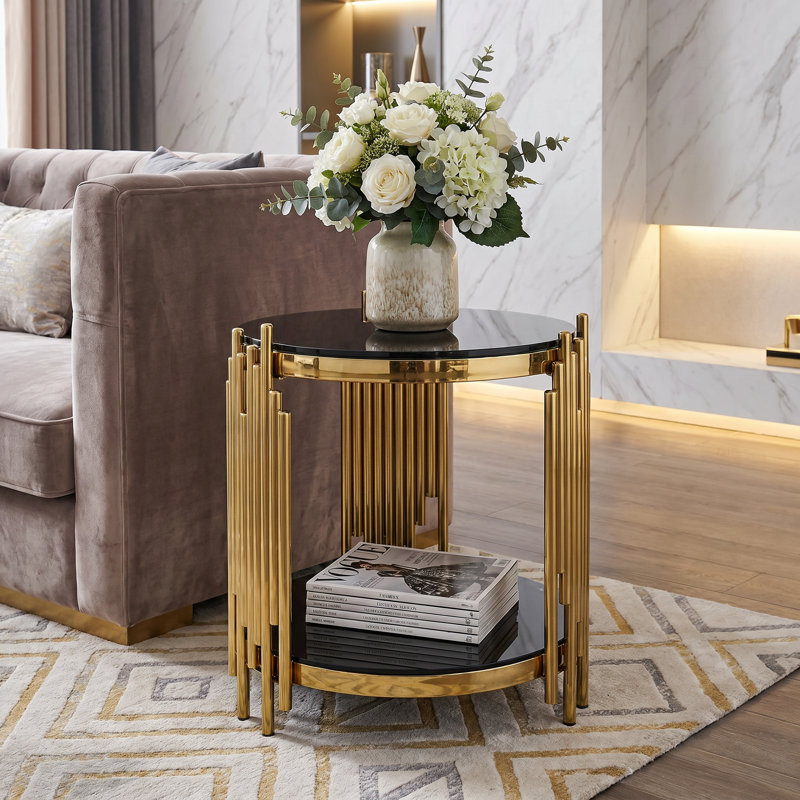 Modern Luxury Round Glass End Table,2-Tier Tempered Glass Side Table with Stainless Steel Frame 