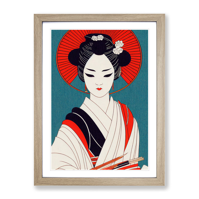 Alluring Geisha - Wall Art, 66cm H x 48cm W, Oak Framed Paper, White