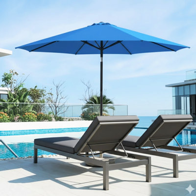 Parasol de patio bleu de 11 pieds avec éclairage à DEL, 8 nervures et manivelle pour profiter du jardin près de la piscine - auvent en aluminium - 45 zones de piscine inclinable