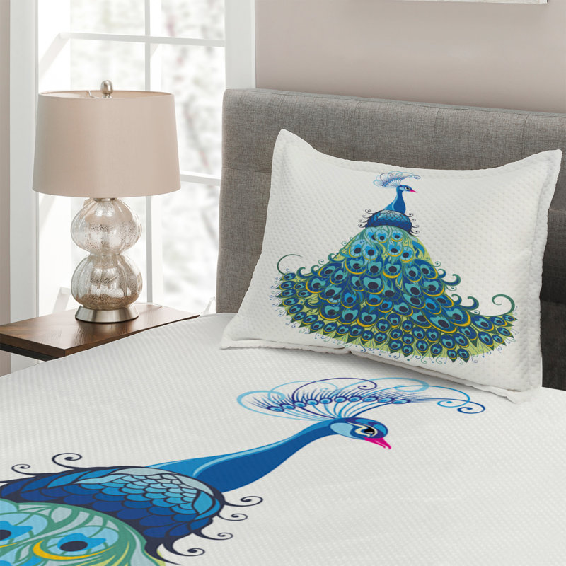 White Twin Quilted Bedspread Set with Peacock Design