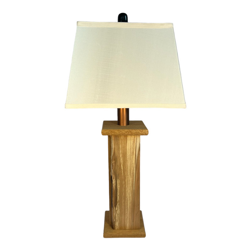 Lampe de table en bois alimentée par batterie. Noyau de bois texturé en poly avec panneaux en bois, Teck