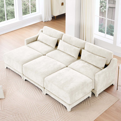 Three - Seater Sofa, 3 Movable Ottomans, Equipped With Lumbar Pillow,Chenille Fabric, High Quality Wooden Base, Ergonomic Design, High - Resilience Sponge, Easy To Install, Suits Studies