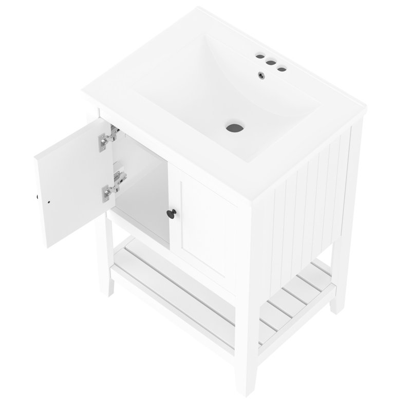Meuble-lavabo moderne avec lavabo en céramique blanche et bois massif, armoire de rangement abondante, cadre en bois, grand