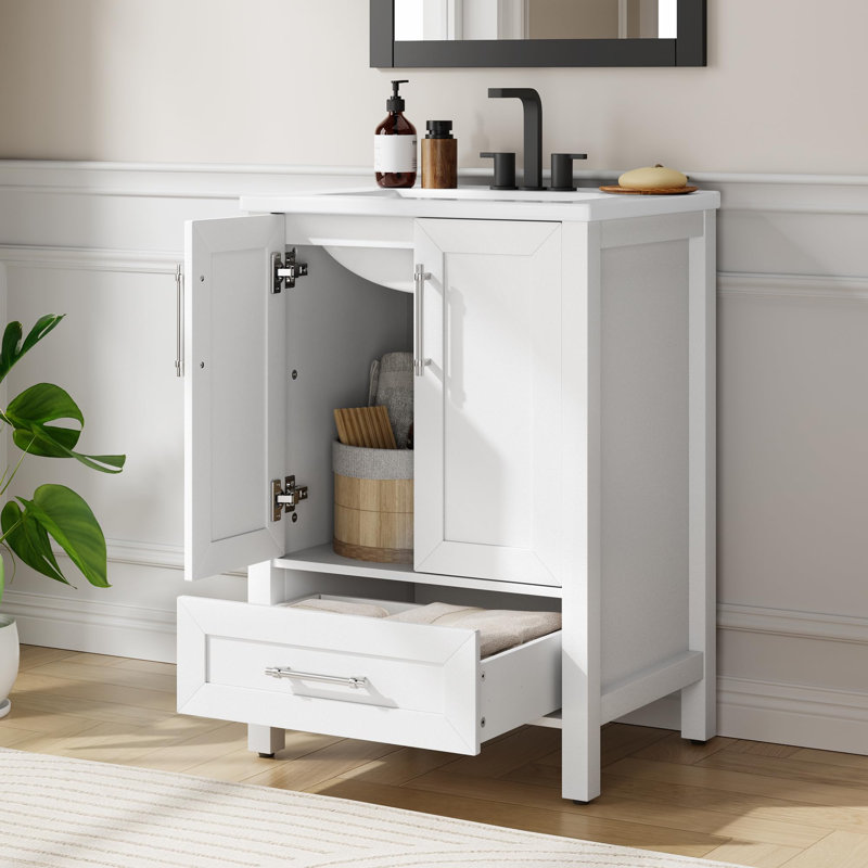 Bathroom Vanity with Ceramic Basin, Bathroom Storage Cabinet with Drawer and 2 Soft Closing Doors, 24", White