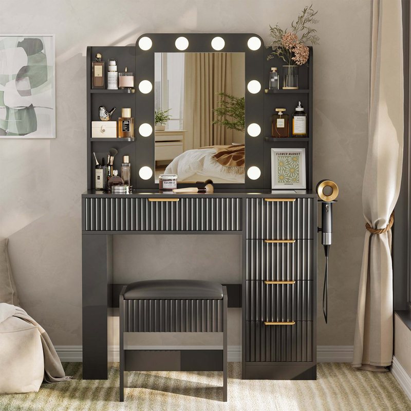 Vanity Table with LED Mirror, Charging Station, 5 Drawers and Stool, Black