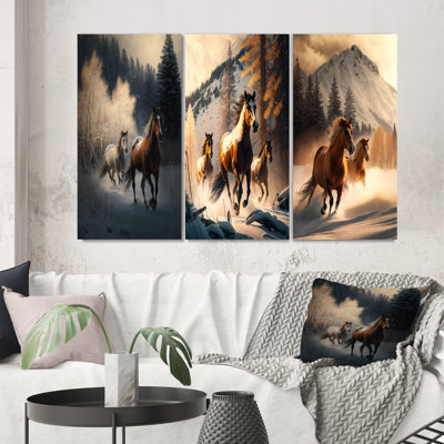 «Wild Horses Galoping Winter Scene IV», 3 pièces sur toile