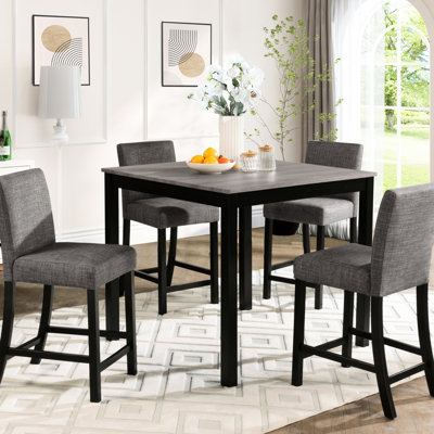 Table haute de bar pour 4 personnes avec chaises, gris et noir, structure, siège confortable, meuble gain de place, 5 pièces pour cuisine et salle à manger, construction, revêtement rembourré