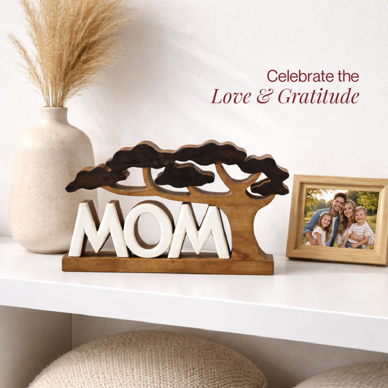 Dyle Handmade Wooden “MOM” Sculpture Under a Tree – Tabletop Home Decor, Christmas & Mother’s Day Gift