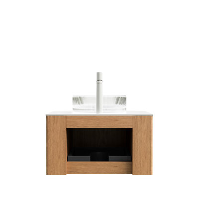 Meuble-lavabo suspendu de 61 cm (24 po) avec lavabo à rayures artistiques, 3D, grand espace de rangement, lavabo rond transparent, armoire naturelle, glissières de tiroir à fermeture douce, préassemblé