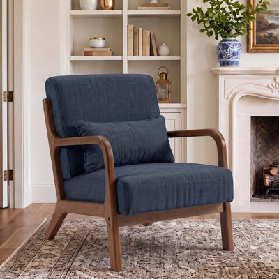 Chaise d'appoint rembourrée de style Mid-Century avec coussin lombaire, fauteuil en bois d'hévéa massif, bleu