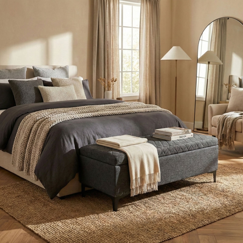 Banc de rangement rembourré Reba, Gris anthracite
