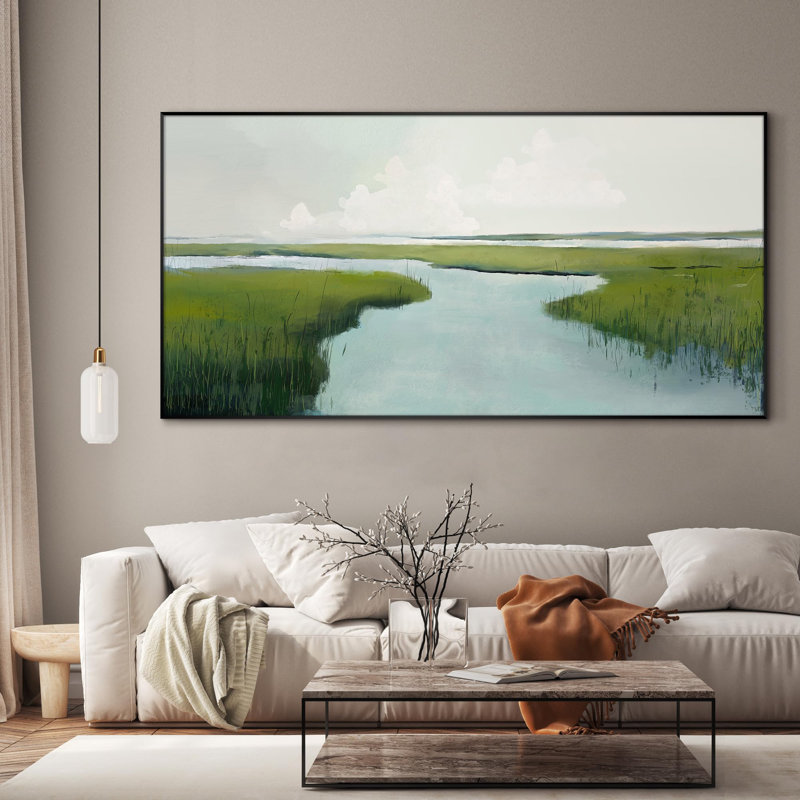 «Tranquil Marshland Landscape Green Wetland with Calm Waters», très grand art mural encadré (assemblage requis)