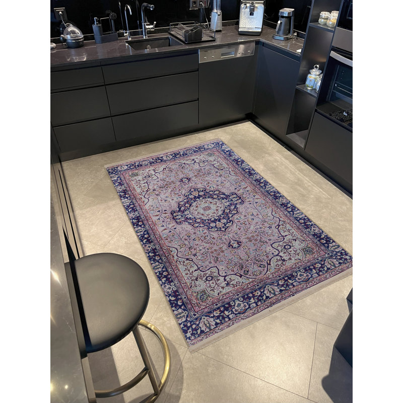 Tapis décoratif rétro à motifs traditionnels Poudre-Bleu marine, Tapis de couloir 3 pi 3,37 po x 9 pi 10,11 po