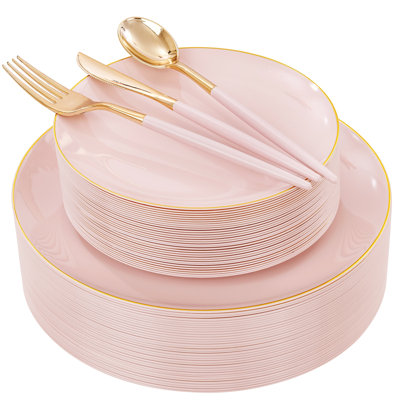 WELLIFE 150Pcs Pink Plastic Plates with Gold Rim, Include: 30 Dinner/Dessert Plate,30 Knives,30 Forks,30 Spoons