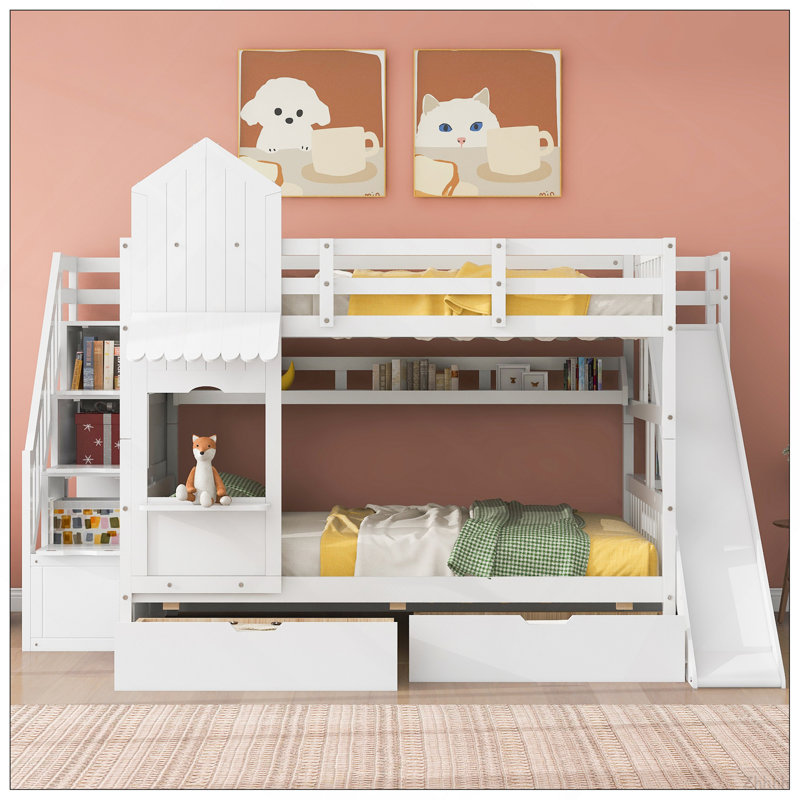 Lit superposé de style château double avec 2 tiroirs, 3 tablettes et glissière - blanc, Blanc