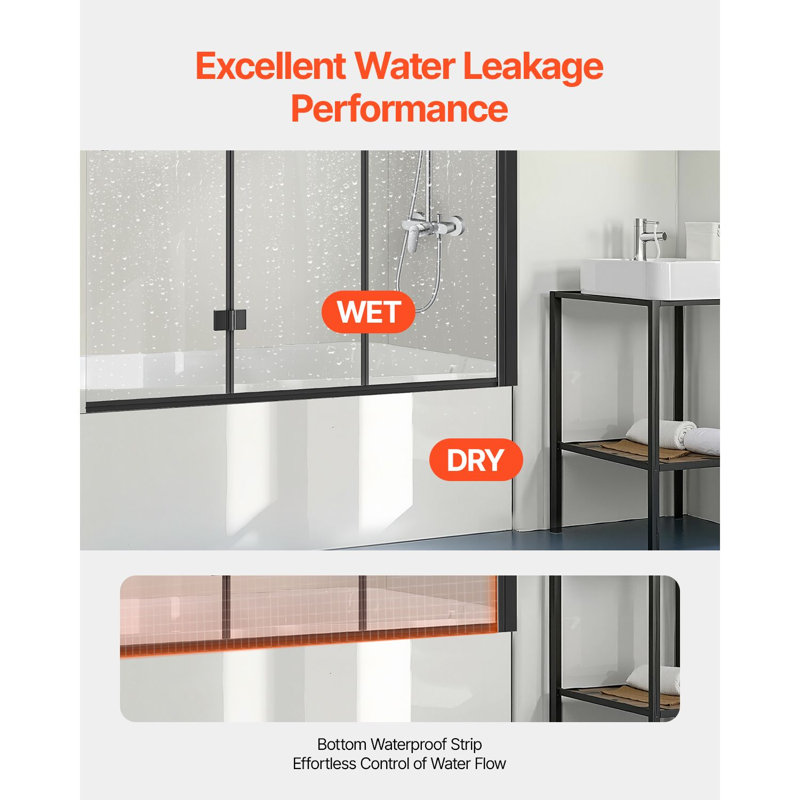 Porte de douche à trois volets pliable, l 50,98 po x H 55,98 po, verre trempé à 3 panneaux, conception sans cadre