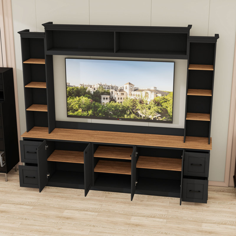 Meuble audio-vidéo avec 4 tiroirs, 2 armoires, tablettes réglables et système de gestion des câbles, Noir