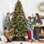 Arbre de Noël à charnières pré-décoré 9 pi avec 940 pointes givrées, 103 pommes de pin, 309 baies rouges, 600 lumières, base en métal pour les fêtes-252516331-252516324