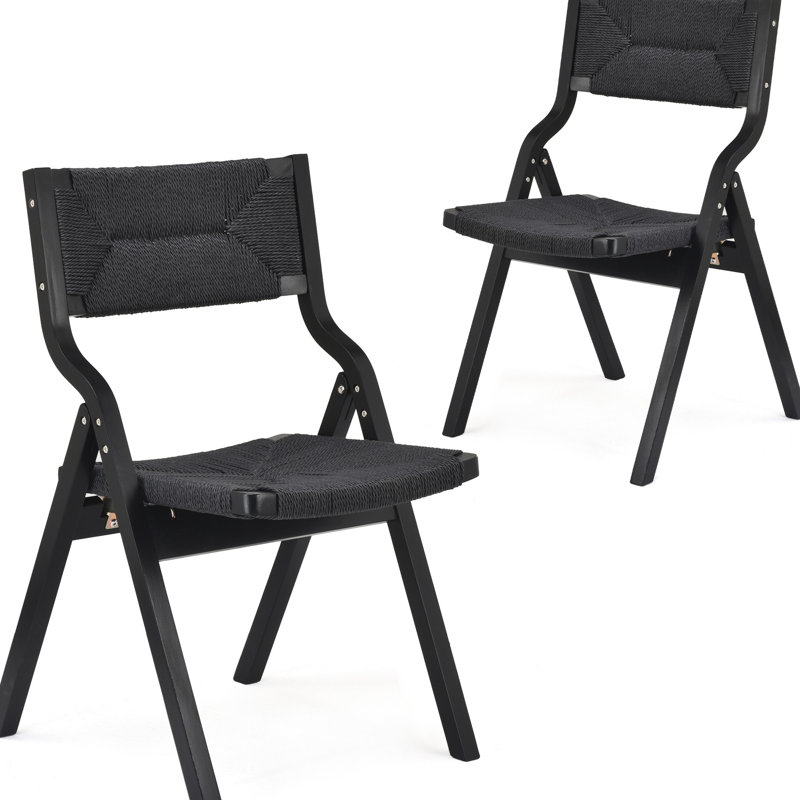 Chaises pliantes en bois noir avec siège et dossier tressés, ensemble de 2, idéales pour la cuisine et la salle à manger, gain de place, confortables et élégantes. Finition en bois et sangles.