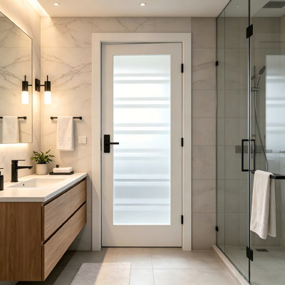 White Primed Vented Frosted Glass Prehung Interior Door with Frame and Hinges, Privacy + Ventilation for Bathrooms & Laundry Rooms