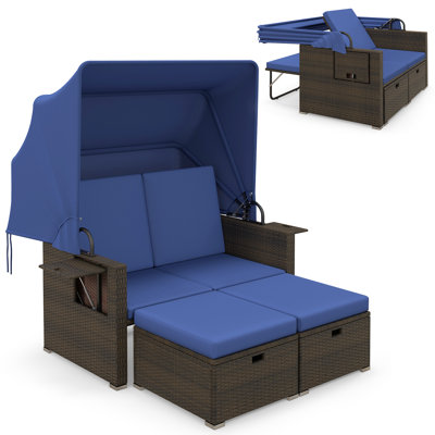 Rattan Daybed w/ Adjustable Backrests & Retractable Canopy for Patio