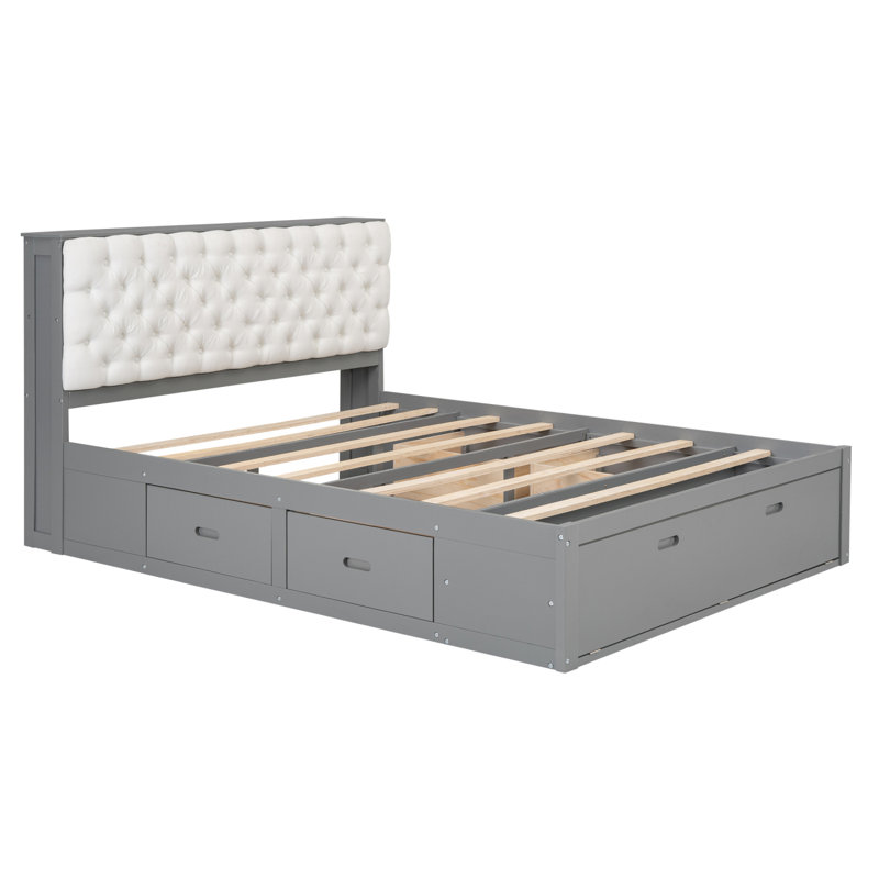 Lit en bois avec plateau de rangement et tiroirs