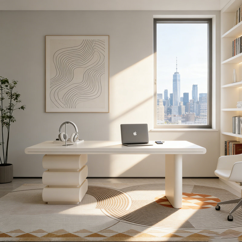 Bureau crème moderne et minimaliste de luxe: pieds artistiques, design moderne pour poste de travail à domicile