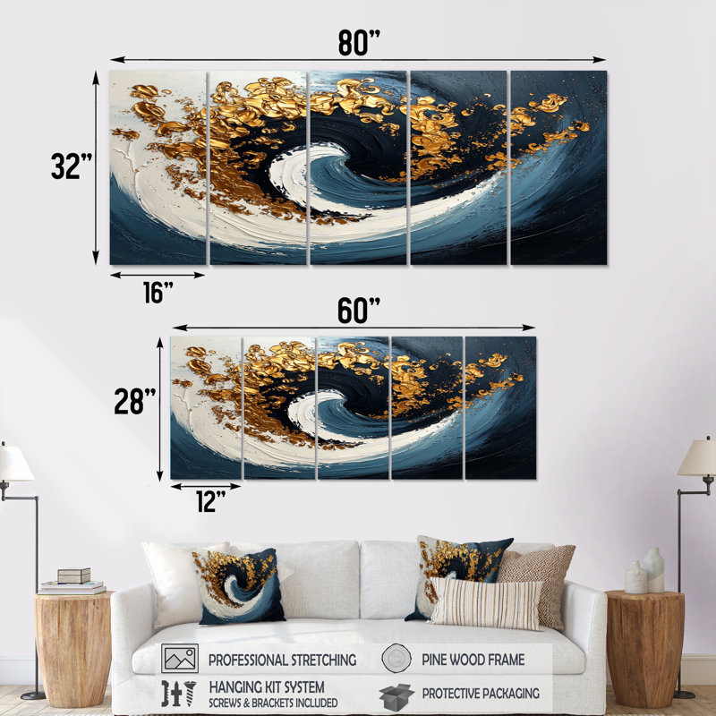 Bleu et or Spiraling Prosperity Spiral II - Abstract Spirals, art mural sur toile, H 28 po x l 60 po