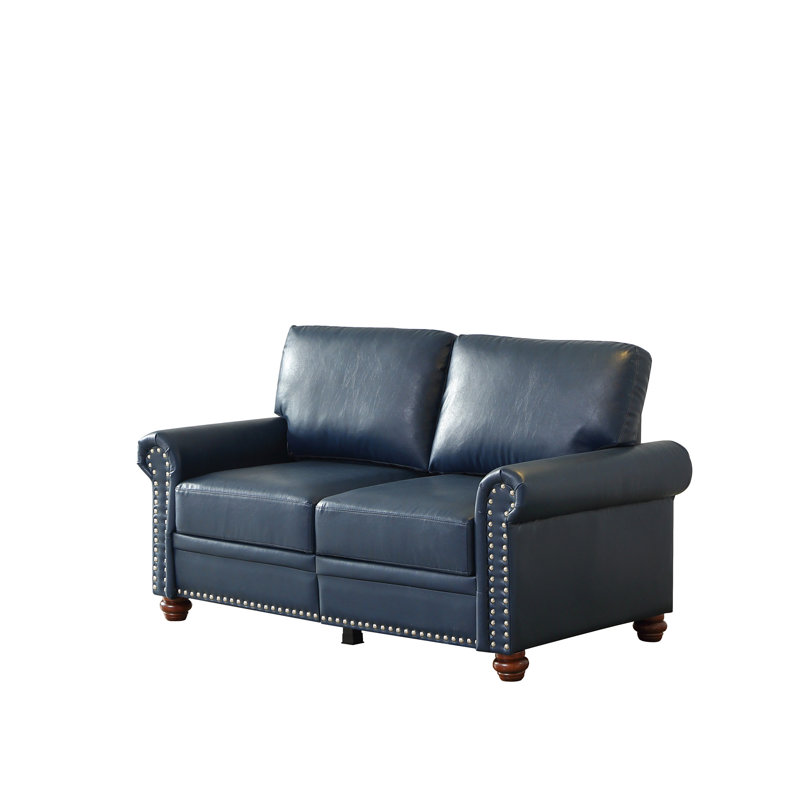 Living Room Sofa Loveseat Round Arm With Silver Nails Couch Navy Blue Faux Leather