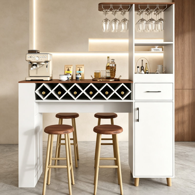 Table de bar moderne de 46 pouces avec meuble à vin et porte-verres, Blanc