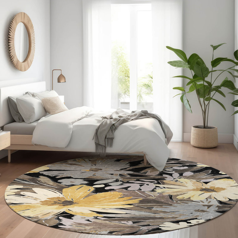Machine Washable Indoor/Outdoor Claudian ACN1481 Black Rug, Round 8'