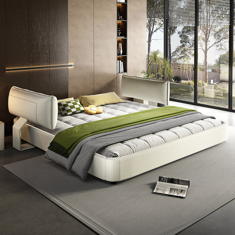 Très grande base de lit avec très grande tête de lit amovible rembourrée et lit tapissier, Beige/White