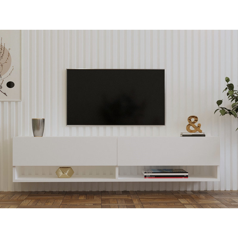 Modern Wall-Mounted TV Unit, White, 55.5 x 12.2 x 23.6 inches | 100% Melamine Coated Particle Board, Thickness: 0.7 inches | Numerous Shelves, Stylish Design for Living Room & Entertainment Spaces, Space-Saving Solution