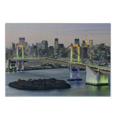 Ambesonne Cityscape Tempered Glass Cutting Board Tokyo Japan Bridge Multicolor