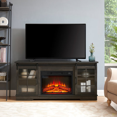 Grand meuble de rangement à portes coulissantes polyvalentes avec 2 portes coulissantes en verre cannelé, meuble télé jusqu'à 65 po, support de bureau télé avec foyer 23 po, l 59,13 po x P 15,94 po x H 27,8 po
