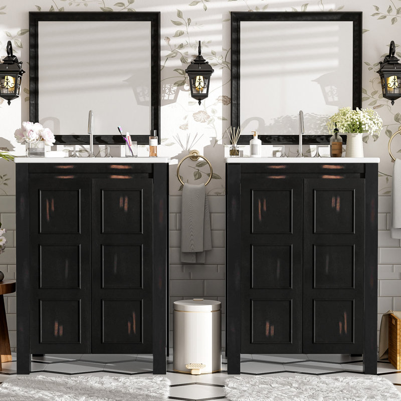 Meuble-lavabo 48 po avec double vasque en céramique, structure en bois massif, panneaux, style rétro, lavabos à tablettes réglables, intérieur spacieux et antique