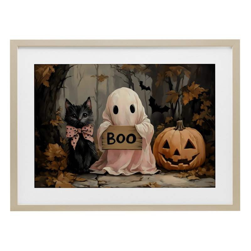 Joli dessin d'Halloween boo encadré sous verre, design par Arlington Prints, Cadre de récolte en pin, H 14 po x l 20 po