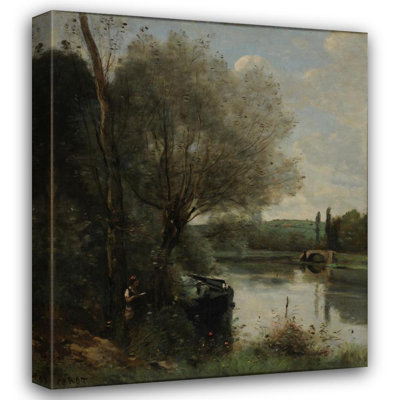 "The Reader on the Wooded Bank" by  Jean-Baptiste-Camille Corot - Gallery Wrap Canvas Wall Art