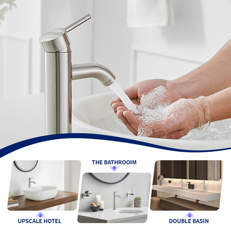 Single hole 1-handle WaterSense Low-arc Commercial/Residential Handle Bathroom Sink Faucet with Drain, Brushed Nickel, 7.48