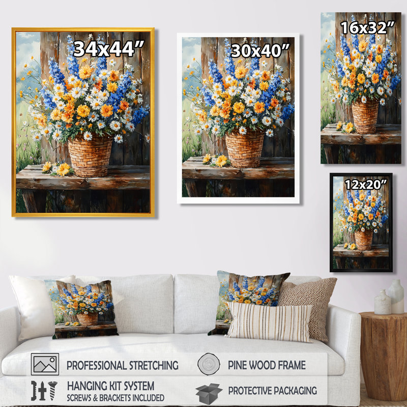 «Country Charm Wildflowers At The Farm III - Assorted Bouquets», art mural, Noir, Reproduction avec cadre flottant
