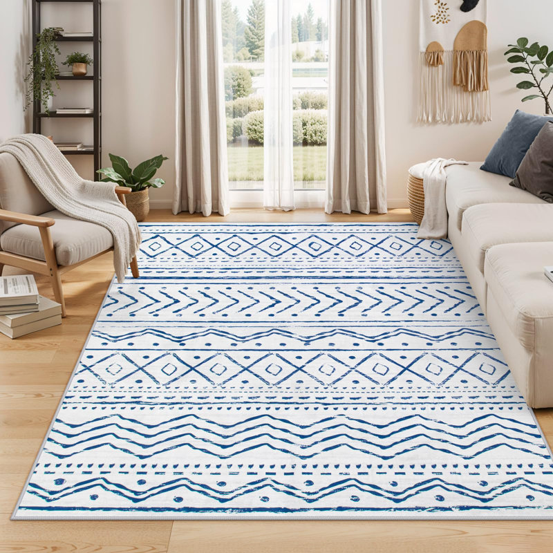 Tapis marocain à rayures Tribal, Rectangulaire 8 pi x 10 pi, Bleu / Rose