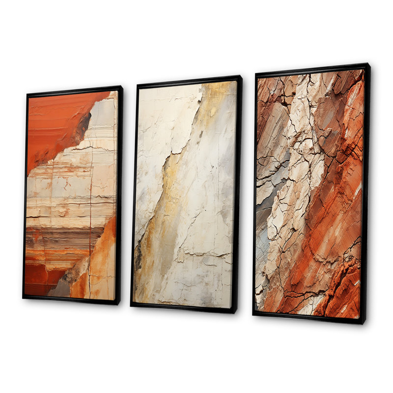 Earth Minimalist Fossils I - Abstract Collages, ensemble de 3 impressions sur toile, Cadre flottant noir, H 28 po x l 36 po