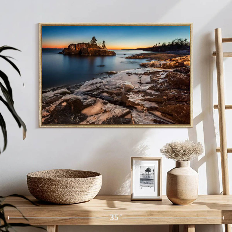 Lake Superior At Dusk, 25" X 17", Floating Frame Natural Wood